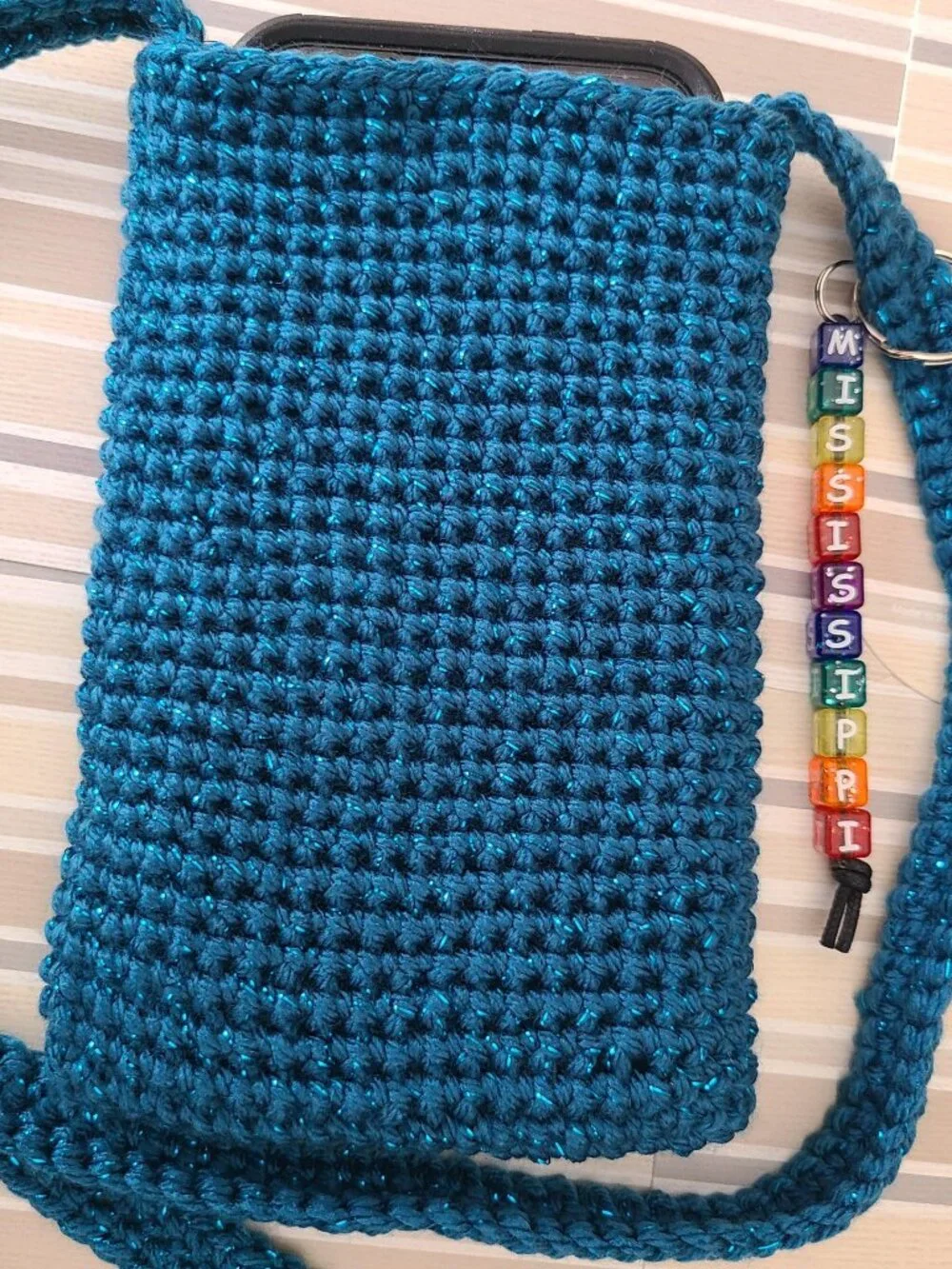 Hand Crochet Cell Phone Case Holder Crossbody Bag with Key Chain Teal Sparkling